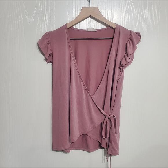 Hummingbird Rose Pink Wrap Tie Front Top Flutter Ruffle Sleeves Barbiecore Small - Picture 6 of 6